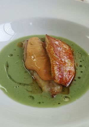 Foto principal de Salmonete con parmentier de su hígado y jugo de alcachofa