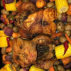 A picture of Chickens In Vegetables Bed.