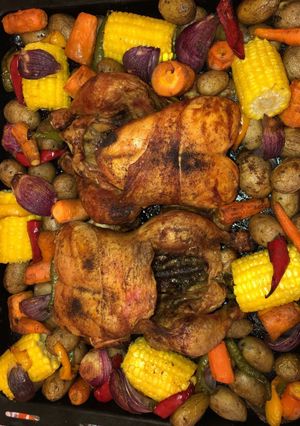 A picture of Chickens In Vegetables Bed.