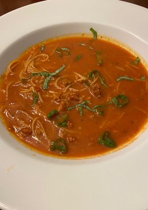 A picture of Mexican Tomato Noodle Soup with Chorizo (Sopa de Fideo).