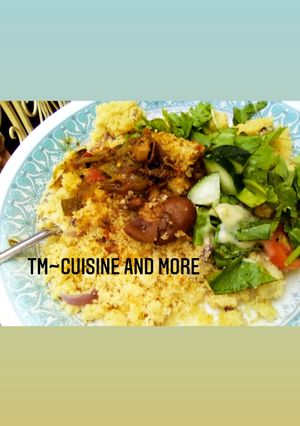 A picture of Cuscuss and chicken Sauce.