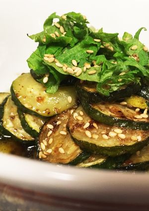A picture of Sautéed zucchini (garnished with shiso leaves).