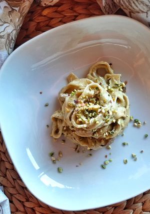 A picture of Pistachio Tagliatelle with Pistachio Pesto and Mushrooms.