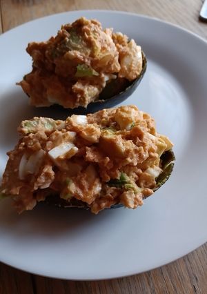A picture of Crab filled avocado.