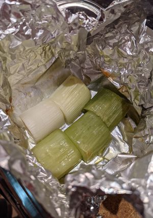 A picture of Leek baked in aluminium foil.