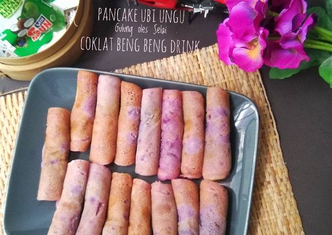 How to Make Perfect Pancake Ubi Ungu Gulung oles Selai Coklat Beng Beng Drink