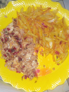 A picture of Irish and scrambled eggs.