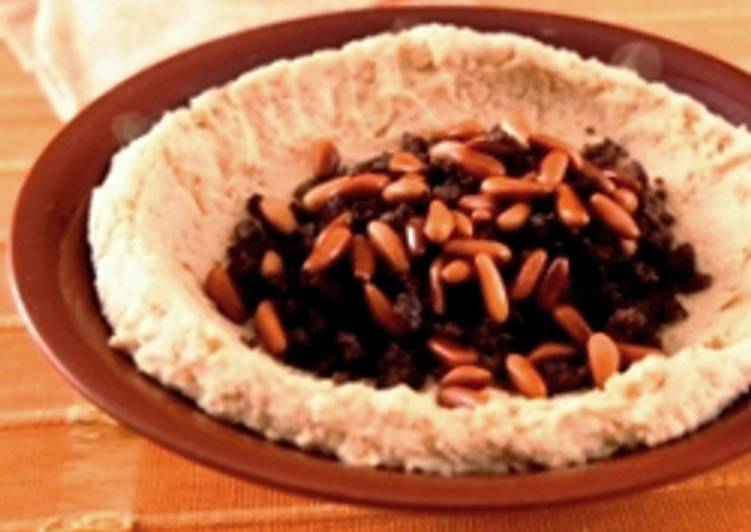 Tasty And Delicious of Chickpeas puree with meat and pine nuts - Hummus ma3 lahmeh w snoubar