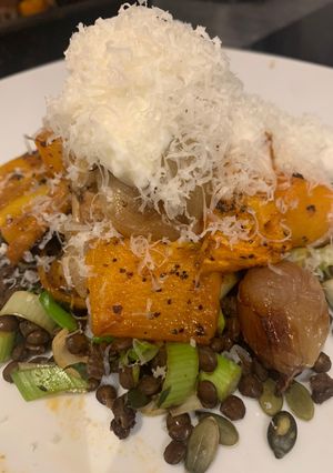 A picture of Smokey lentils with roasted veg.
