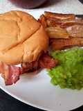 My Mega Chicken Burger with potato wedgies and mushie peas. 😁