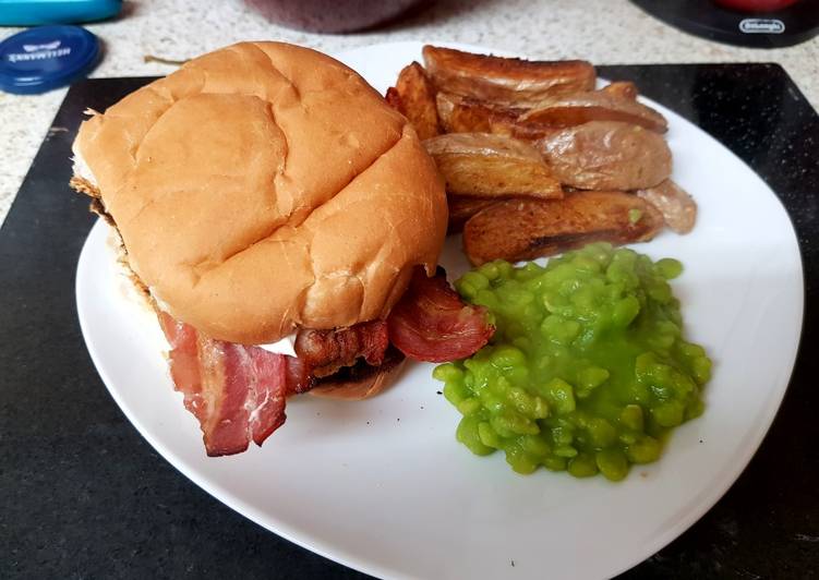 How to Make Perfect My Mega Chicken Burger with potato wedgies and mushie peas. 😁