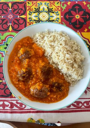 A picture of Vegan Textured Soy Meatballs with Brown Rice.