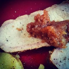 A picture of Smoked Pork Loin with Apple Chutney.