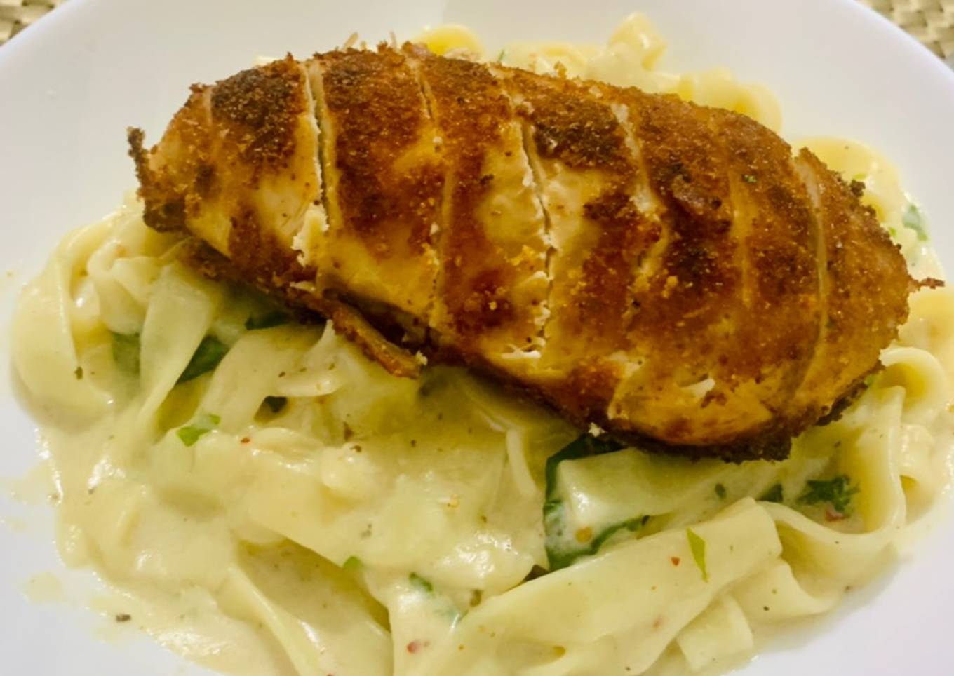 Crusted Chicken with Alfredo fettuccine