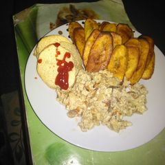 Scrambled Eggs with shrimps paired with Fried plantain and Yam A picture of Scrambled Eggs with shrimps paired with Fried plantain and Yam.