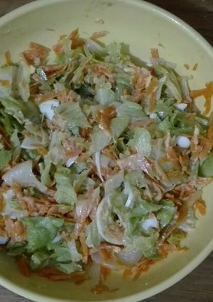 Una foto de Ensalada de Lechuga, zanahoria y huevo con salsa golf