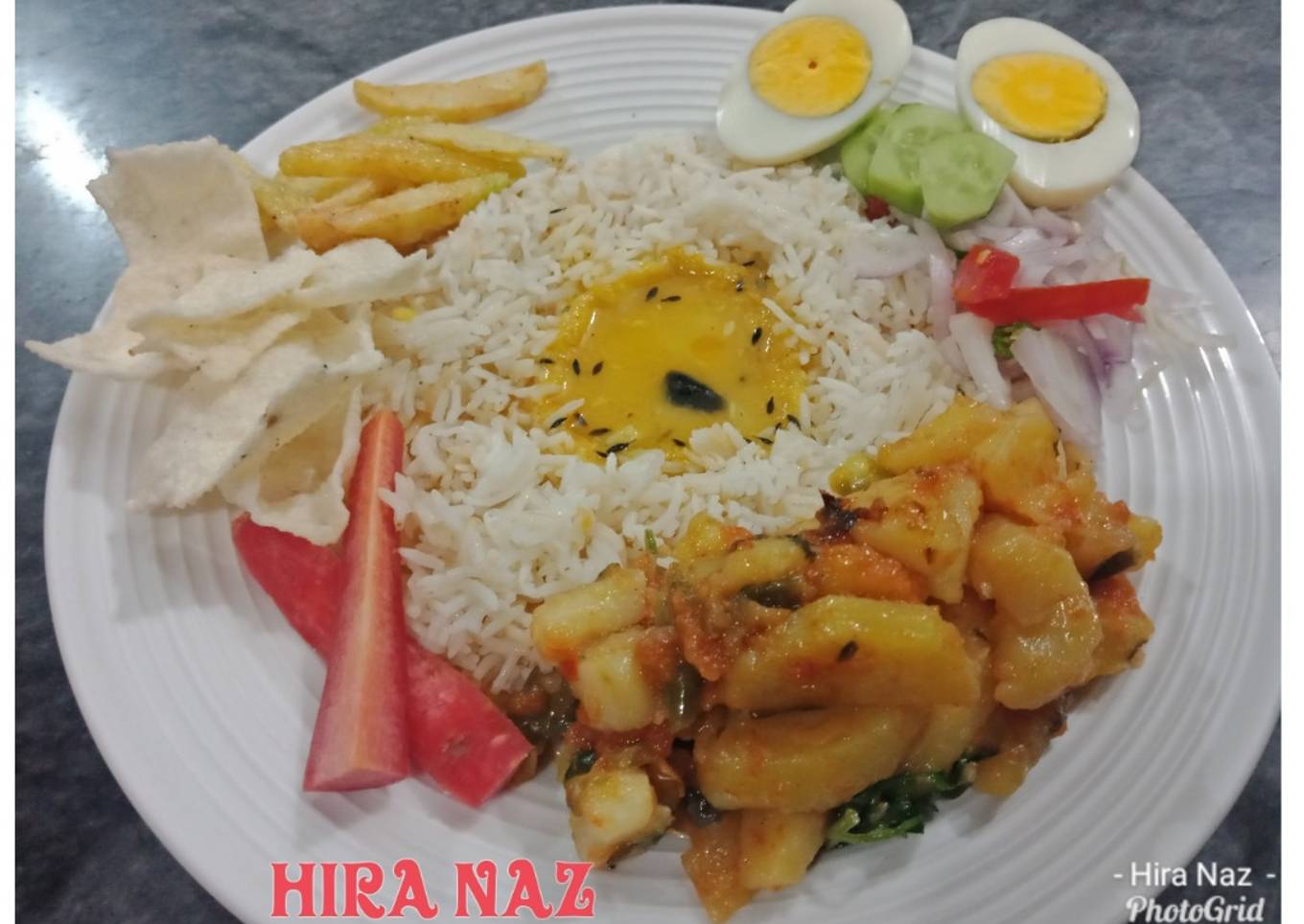 Aloo ki Bhujiya with Dal, Rice, salaad, french fries and Boil egg, Papar.