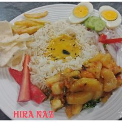Aloo ki Bhujiya with Dal, Rice, salaad, french fries and Boil egg, Papar. A picture of Aloo ki Bhujiya with Dal, Rice, salaad, french fries and Boil egg, Papar..