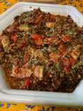 Lentilles brunes aux poivrons rouges et lard fumé