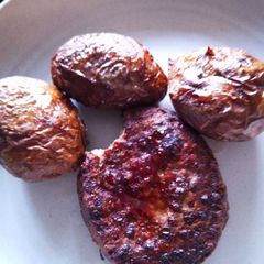 A picture of Extra Crispy Double Air-fried Baked Potatoes with Air-fried Top Sirloin Beef Burger Patty.