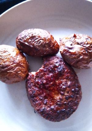 A picture of Extra Crispy Double Air-fried Baked Potatoes with Air-fried Top Sirloin Beef Burger Patty.