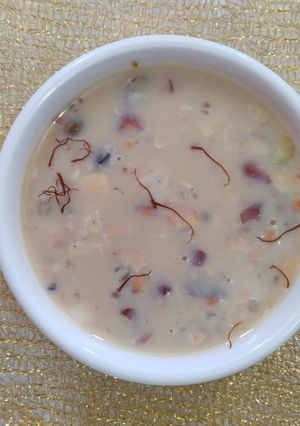 A picture of Fasting special sabudana kheer with dryfruits and jaggery.