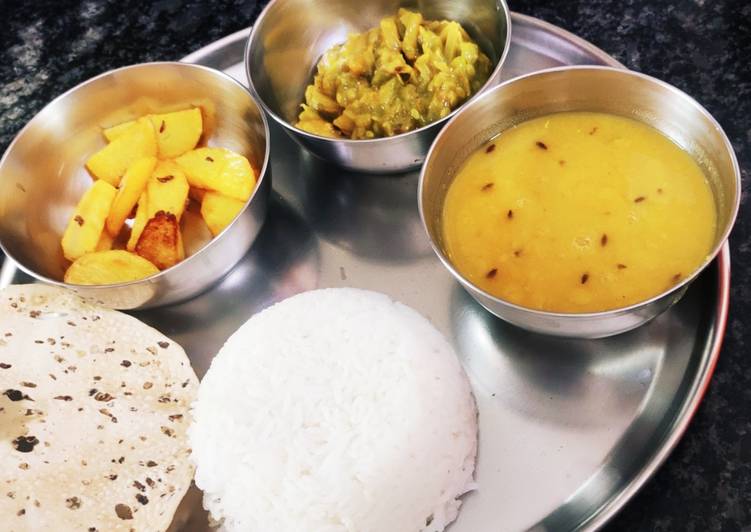 Simple veg thali (rice, dal, turai, and stir fry potatoes) for l