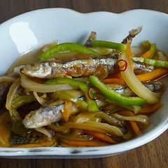 A picture of Nanbanzuke: Japanese-Style Kibinago (Silver-Stripe Round Herring) Escabeche.
