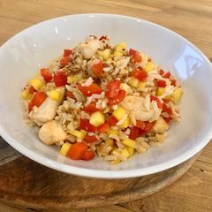 A picture of Mango Chicken Rice with a Honey & Mustard Dressing.