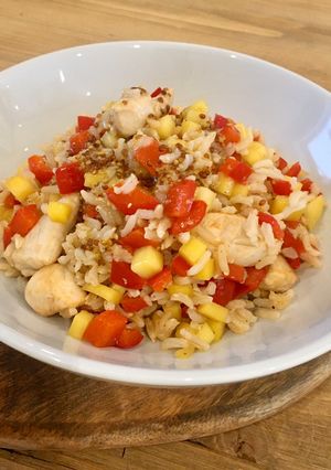 A picture of Mango Chicken Rice with a Honey & Mustard Dressing.