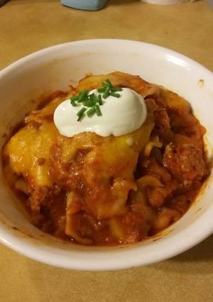 A picture of Chorizo Lasagna Skillet (a one pot meal).