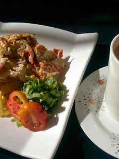 A picture of B/Fast 1(Spiced peppered Egg,chips n Tea).