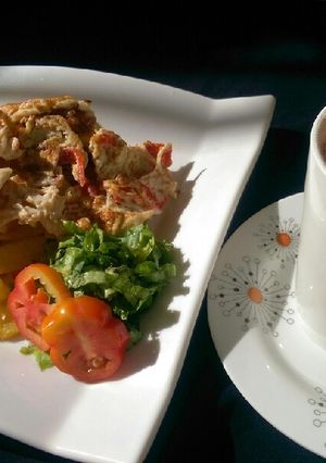 A picture of B/Fast 1(Spiced peppered Egg,chips n Tea).