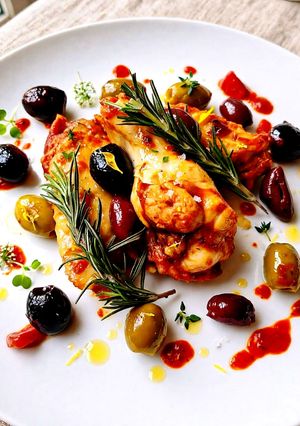 Foto di Pollo con Salsa di Peperoni Arrosto e Olive Taggiasche