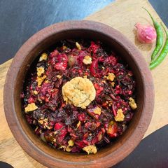 Lal Bhaaji Ghanta (Red Amaranth with veggies) A picture of Lal Bhaaji Ghanta (Red Amaranth with veggies).