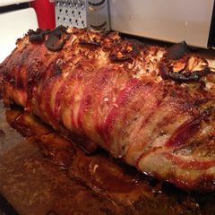A picture of Apple cinnamon bacon wrapped pork shoulder.