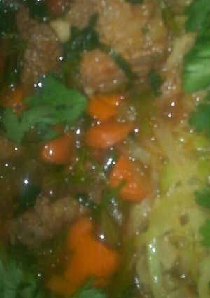 A picture of Beef stew and fried cabbage.