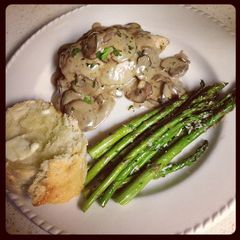 A picture of Julia Child's Chicken Breasts with Mushroom and White Wine Sauce.