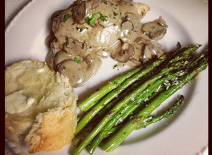 A picture of Julia Child's Chicken Breasts with Mushroom and White Wine Sauce.
