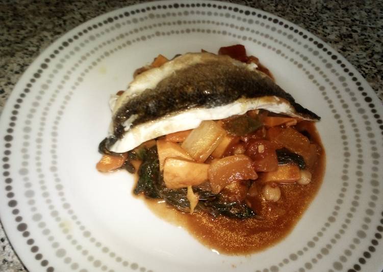 Any-night-of-the-week Pan fried Seabass on a Mediterranean Stew
