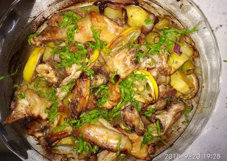 Saturday Fresh Baked chicken with lemon, potato and green olives