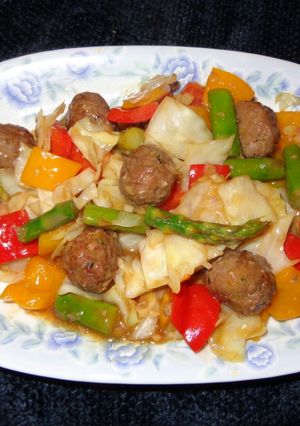 A picture of Meatballs with Stir-Fried Vegetables and Tangerine Sauce, Jon Style.
