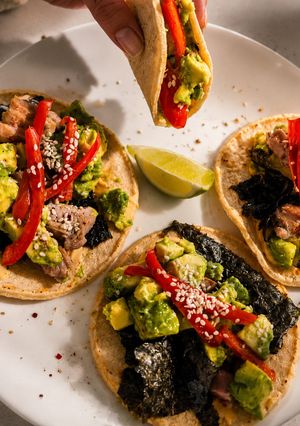 A picture of Tuna Tacos with Avocado and Bell Pepper.