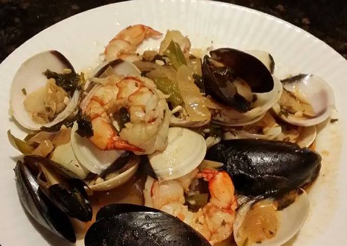 Brad's seafood in white wine and garlic reduction