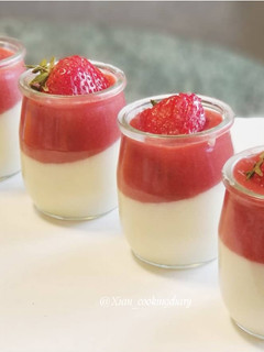 A picture of Vanilla Panna Cotta with Strawberry Sauce.