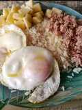 Arroz con manzana, atún y huevo