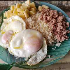 Una foto de Arroz con manzana, atún y huevo