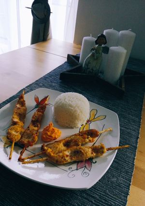 Kókuszos csirke nyárs, jázmin rizzsel, sütőtök pürével recept fotója