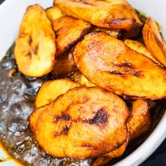 Plantain and black beans A picture of Plantain and black beans.