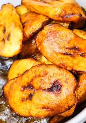A picture of Plantain and black beans.